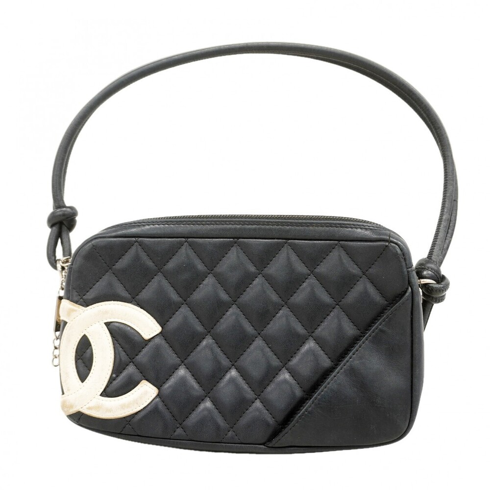 Chanel Cambon Lambskin Handbag Black White Silver Hardware